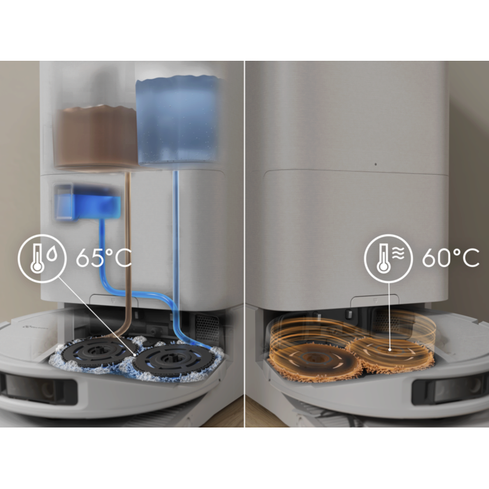 Self-cleaning system uses hot water, hot air and detergent