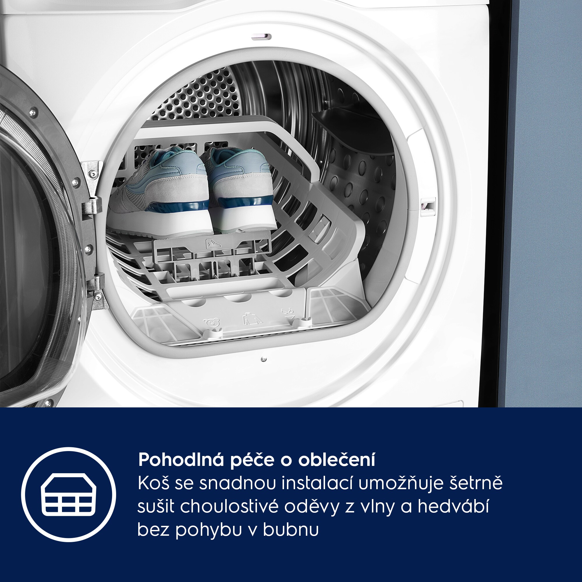 Pohodlná péče o oblečení Koš se snadnou instalací umožňuje šetrně sušit choulostivé oděvy z vlny a hedvábí bez rotování v sušičce