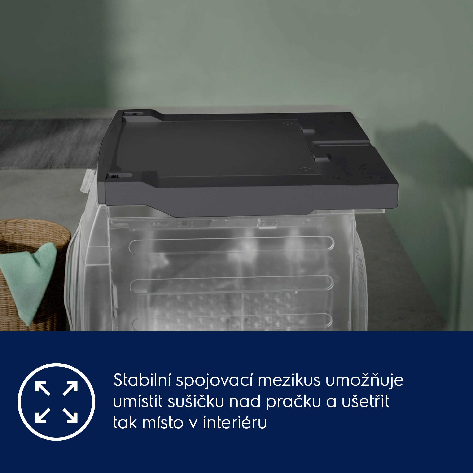 Stabilní spojovací mezikus umožňuje umístit sušičku nad pračku a ušetřit tak místo v interiéru  