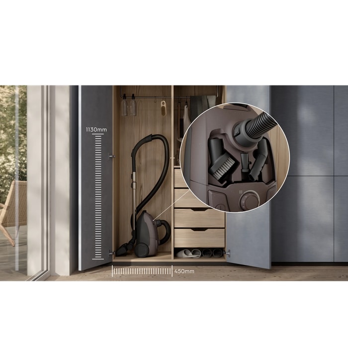Compact design that’s easy to store, with on-board accessories kept within reach.
