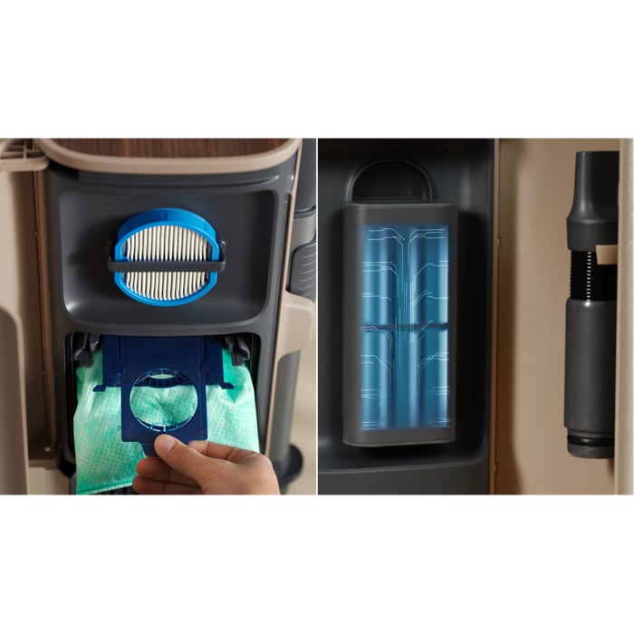 All -in-1 Station - stores extra battery charging, filter and hose for filter cleaning 