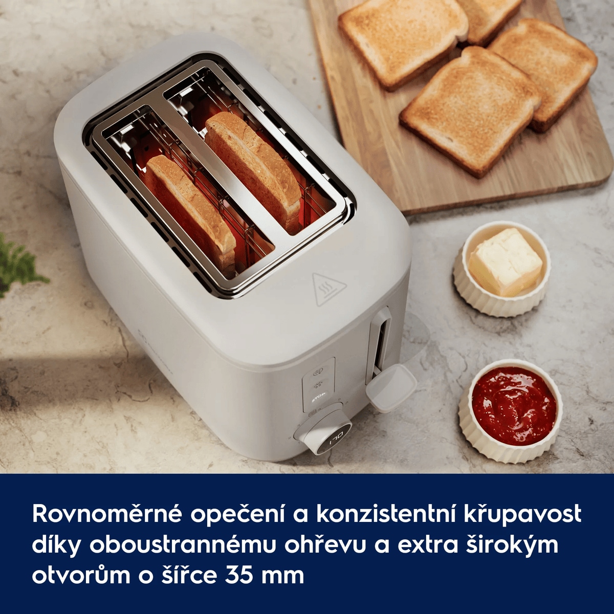 Rovnoměrné opečení a konzistentní křupavost díky oboustrannému ohřevu a extra širokým otvorům o šířce 35 mm