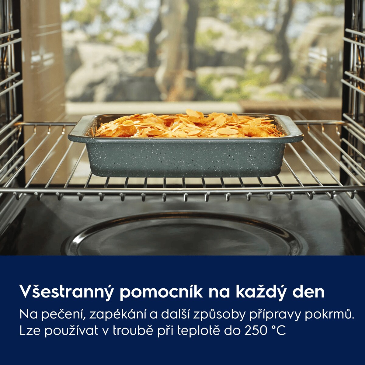 Všestranná každodenní nezbytnost Na pečení, opékání a další způsoby přípravy pokrmů. Lze používat v troubě při teplotě do 250 °C
