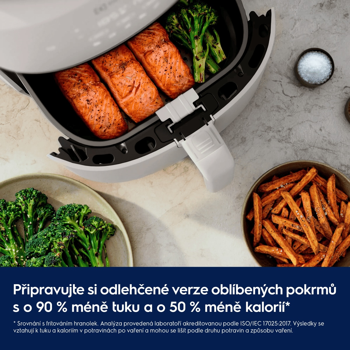 Připravujte si odlehčené verze oblíbených pokrmů s o 90 % méně tuku a o 50 % méně kalorií*     * Srovnání s fritováním hranolek. Analýza provedená laboratoří akreditovanou podle ISO/IEC 17025:2017. Výsledky se vztahují k tuku a kaloriím v potravinách po vaření a mohou se lišit podle druhu potravin a způsobu vaření.