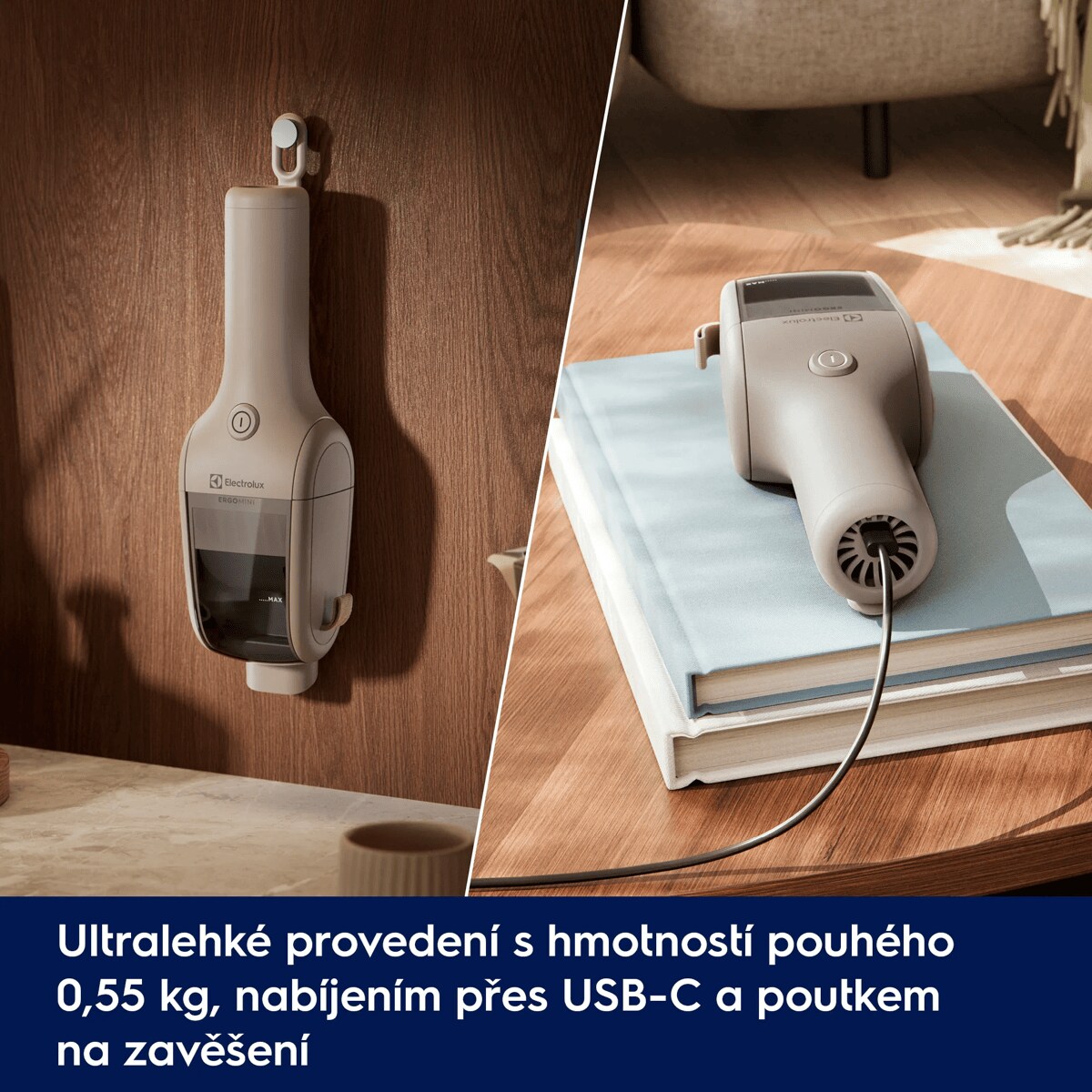 Ultralehké provedení s hmotností pouhého 0,55 kg, nabíjením přes USB-C a poutkem na zavěšení