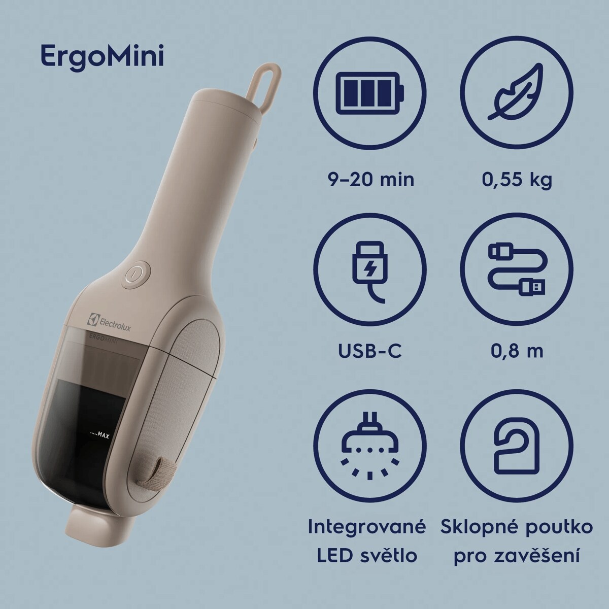 9–20 min 0,55 kg USB-C 0,8 m Integrované LED světlo Sklopné poutko pro zavěšení