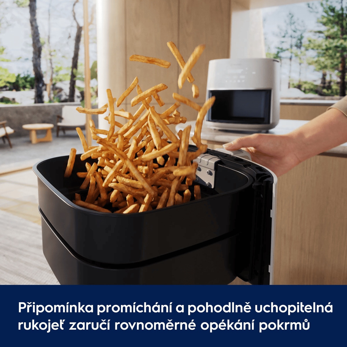 Připomínka promíchání a pohodlně uchopitelná rukojeť pro rovnoměrně připravené jídlo