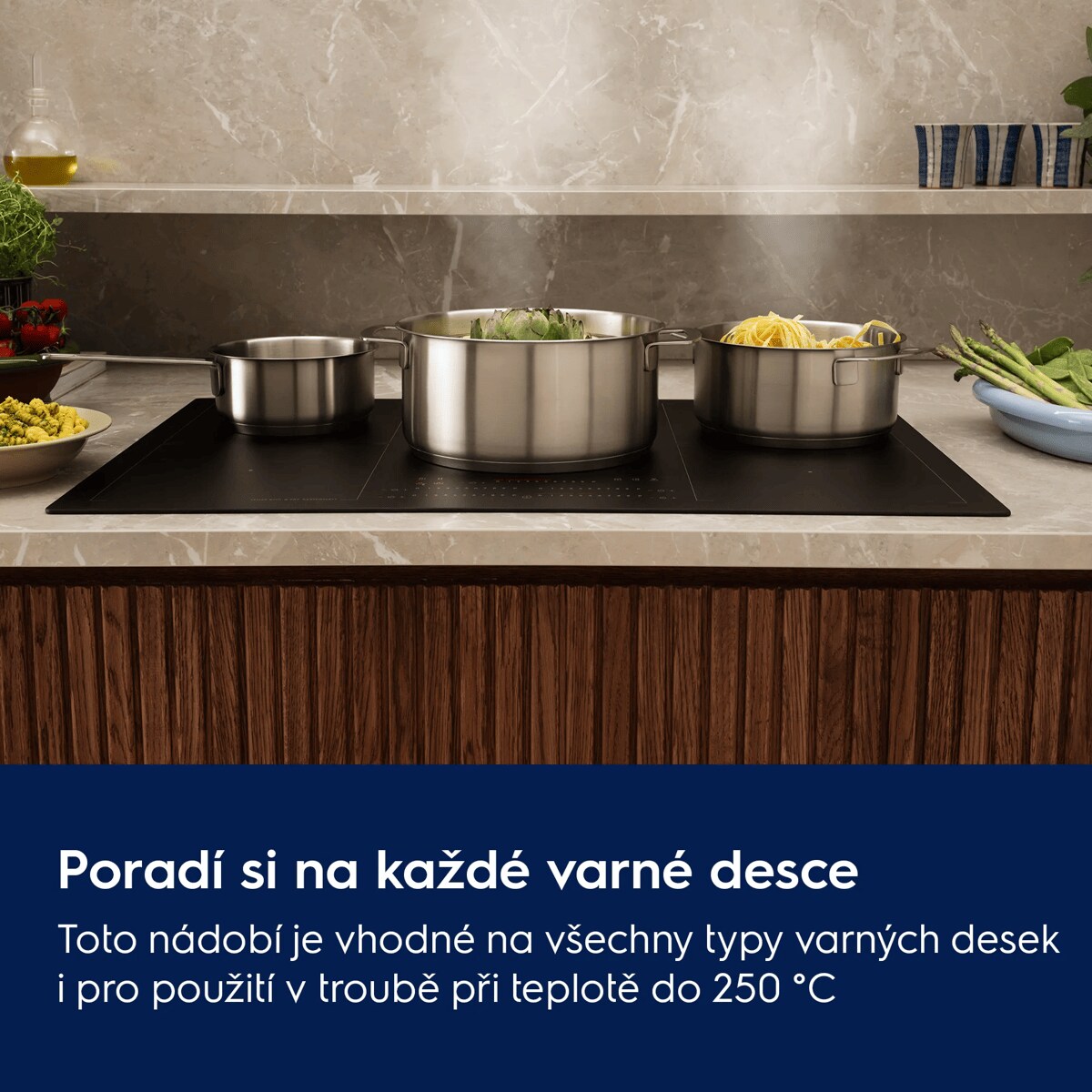 Poradí si s teplem na každé varné desce Toto nádobí je vhodné na všechny typy varných desek i pro použití v troubě při teplotě do 250 °C