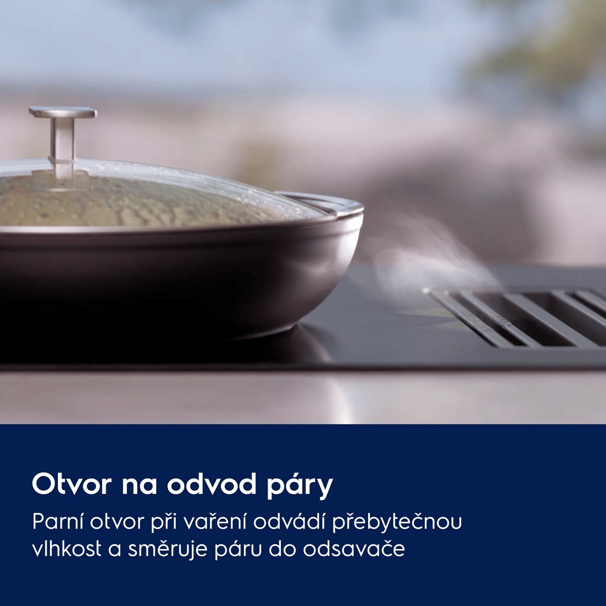 Ventil na odvod páry Parní ventil při vaření odvádí přebytečnou vlhkost a směruje páru do odsavače