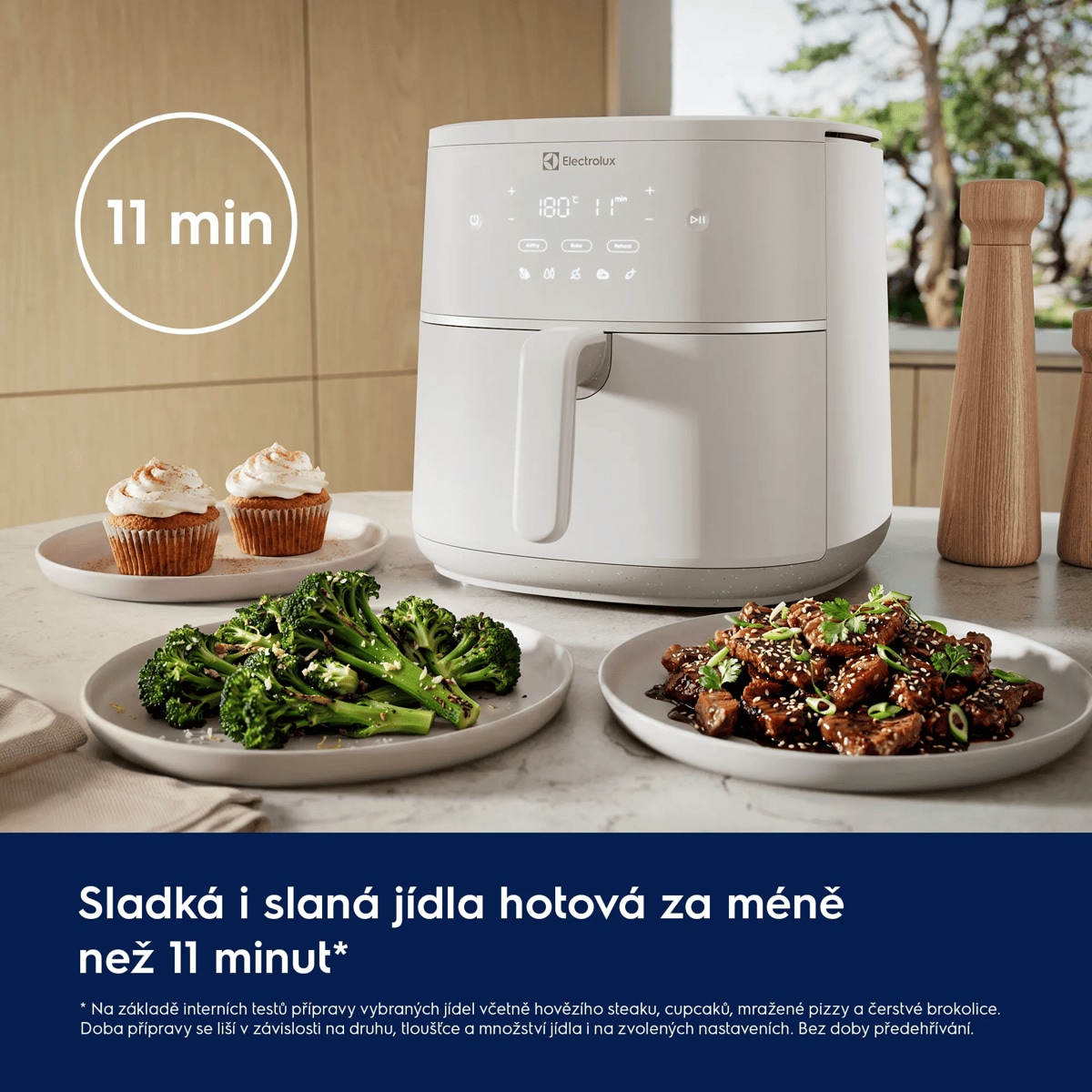 Sladká i slaná jídla hotová za méně než 11 minut**      ** Na základě interních testů přípravy vybraných jídel včetně hovězího steaku, cupcaků, mražené pizzy a čerstvé brokolice. Doba přípravy se liší v závislosti na druhu, tloušťce a množství jídla i na zvolených nastaveních. Bez doby předehřívání.