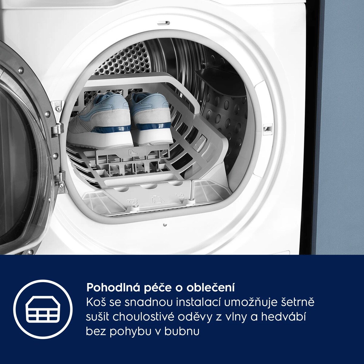 Pohodlná péče o oblečení Koš se snadnou instalací umožňuje šetrně sušit choulostivé oděvy z vlny a hedvábí bez rotování v sušičce