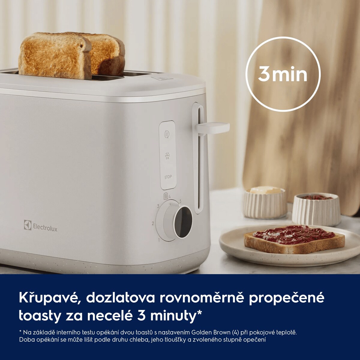 Křupavé, dozlatova rovnoměrně propečené toasty za necelé 3 minuty*      * Na základě interního testu opékání dvou toastů s nastavením Golden Brown (4) při pokojové teplotě. Doba opékání se může lišit podle druhu chleba, jeho tloušťky a zvoleného stupně opečení