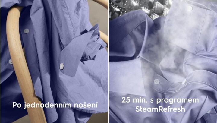 Na levé straně obrázků je košile zavěšená na židli a na pravé straně je košile, která se napařuje.