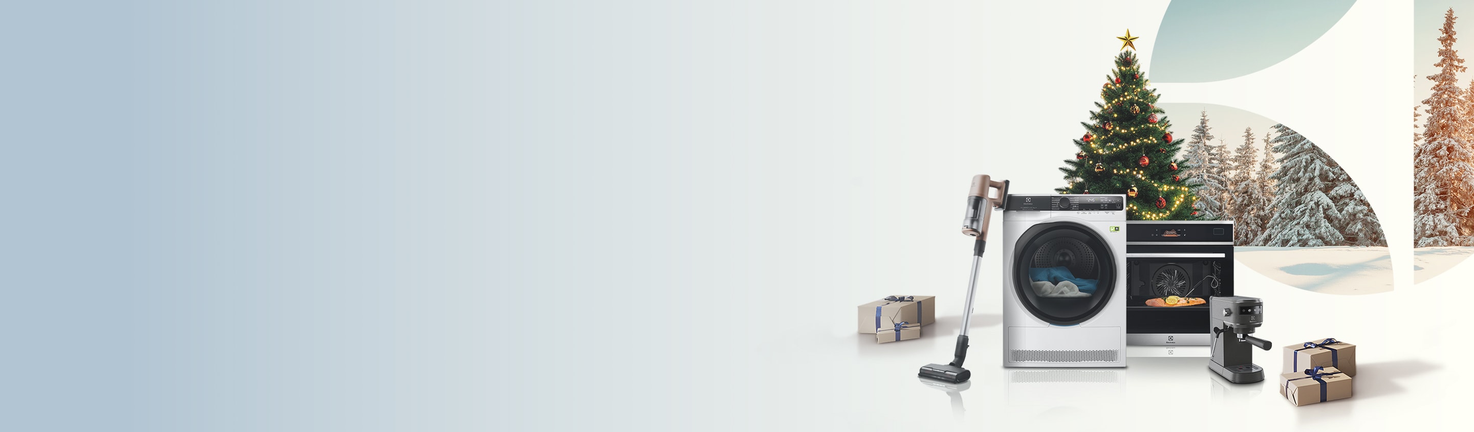 Spotřebiče Electrolux na světlém pozadí s vánoční dekorací