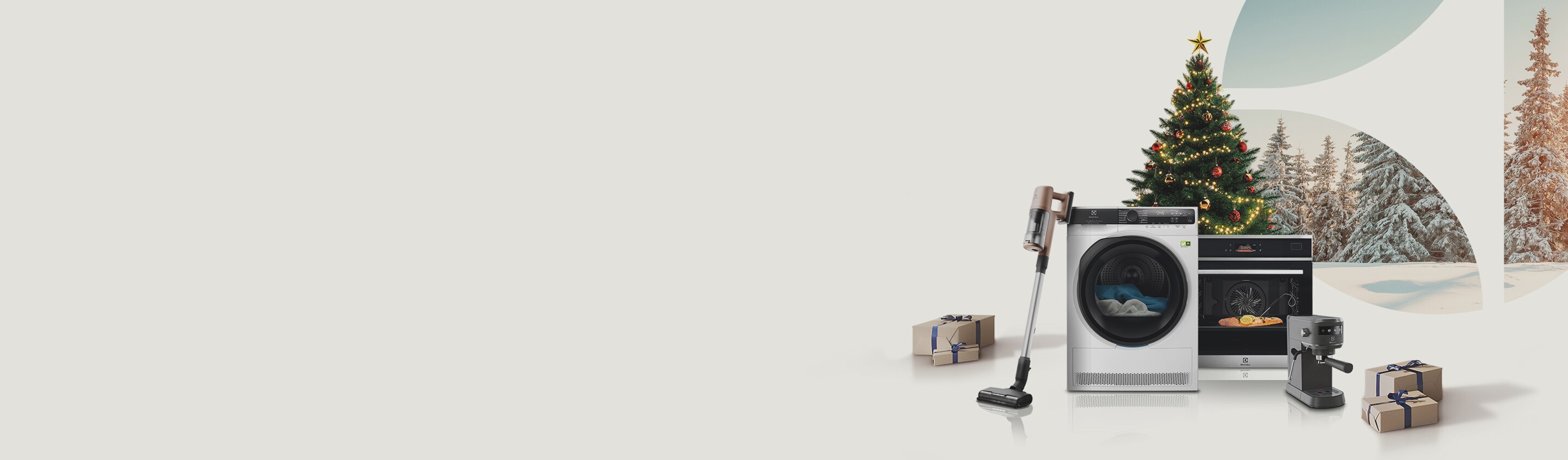 Spotřebiče Electrolux na světlém pozadí s vánoční dekorací