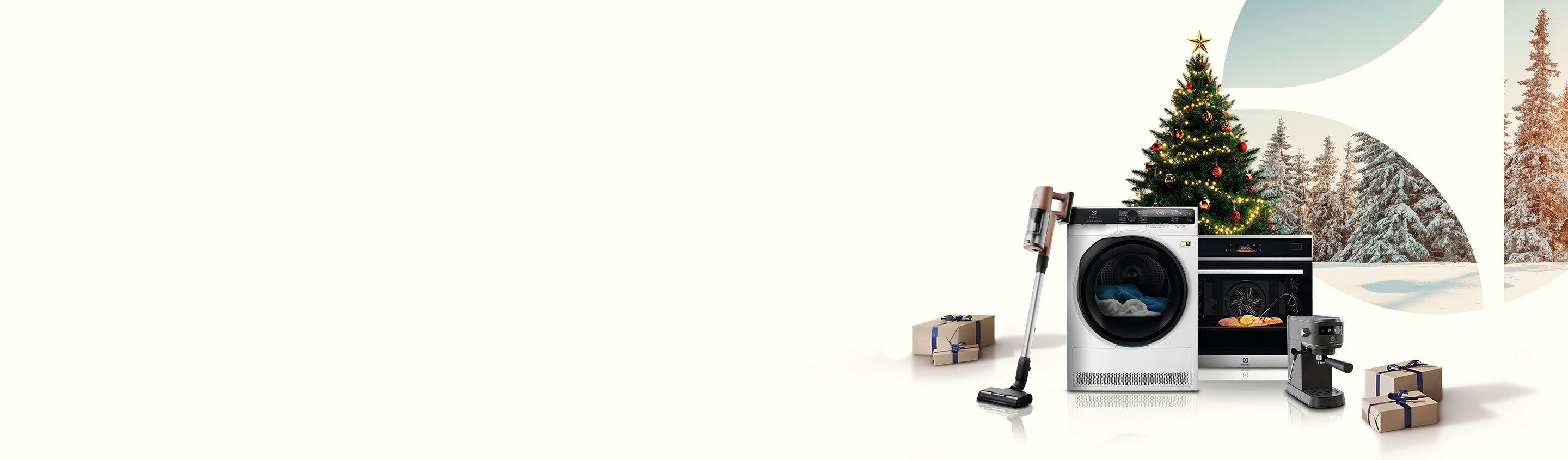 Spotřebiče Electrolux na světlém pozadí s vánoční dekorací